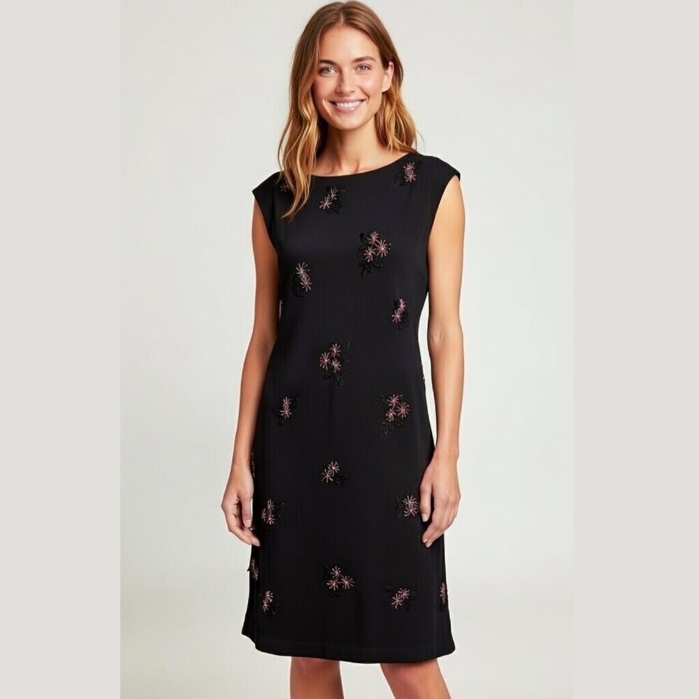 EVAN PICONE Black Floral Beaded Sheath Dress 14 Cocktail Wedding Guest - Picture 8 of 15